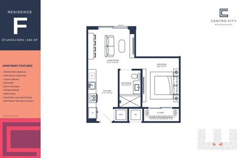 A floor plan of a studio apartment with features listed on the left side.